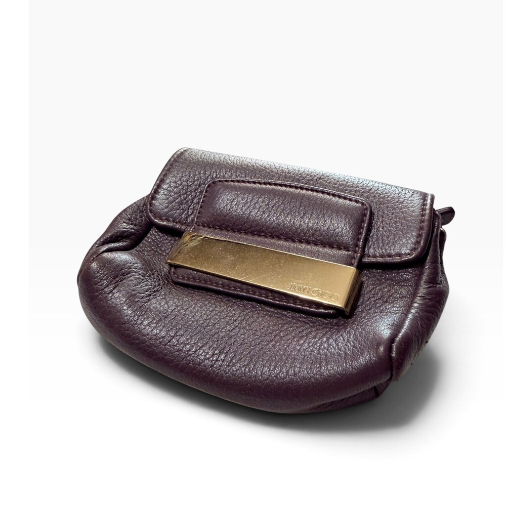 Quiet Luxury Jimmy Choo Plum Pebbled Leather Mini Pouch Wallet Gold Bar Logo
